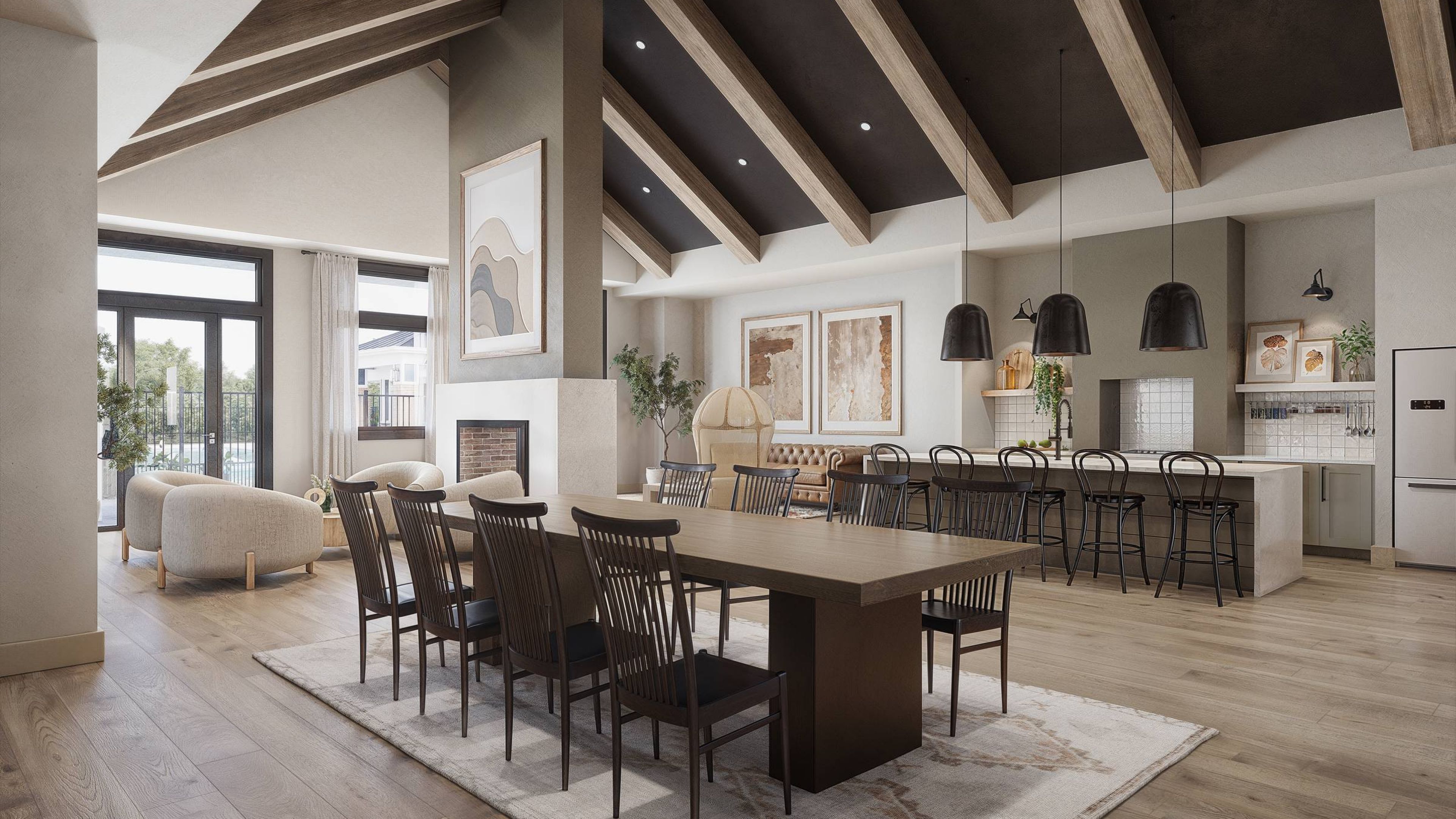 Hawthorne at Holbrook clubhouse with vaulted ceilings, resident kitchen, and dining area